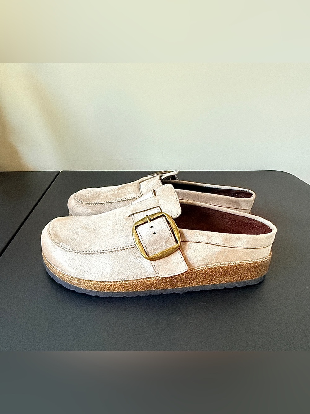 White Mountain Beige Suede Buckle Clog Mules